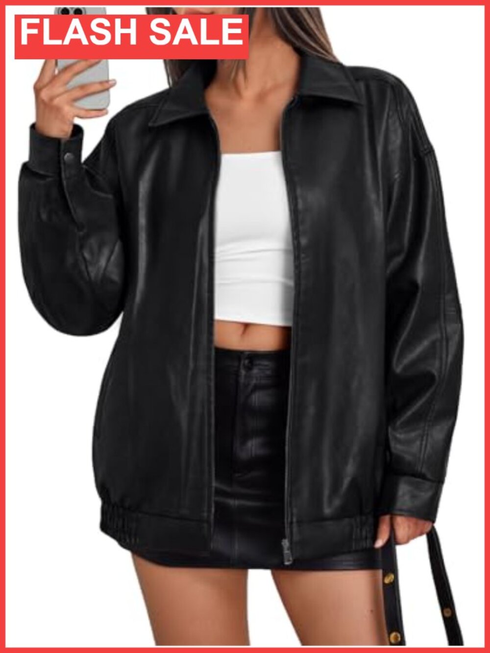 Oversized Vegan Leather Moto Bomber Jacket Womens Fall Zip Up Coat
